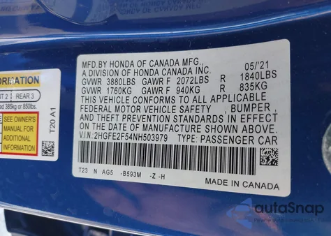 2022 Honda Civic Sport z USA, uszkodzony, nr VIN 2HGFE2F54NH503979